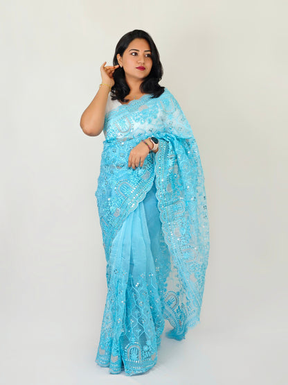 Premium Organza Saree with Multi-Thread Sequin Work and Mono Silk Blouse Piece