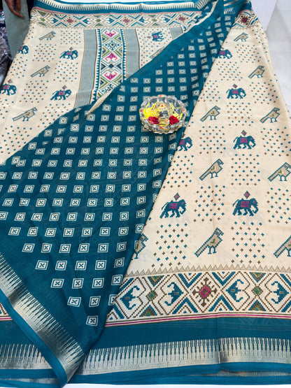 Tribal Printed Silk Blend Saree for Women with Ethnic Border and Traditional Folk Design