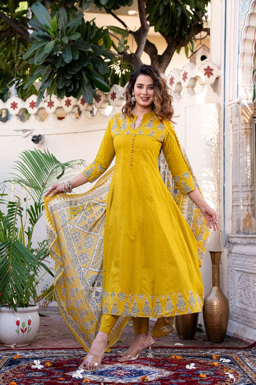 Cotton Printed Anarkali Suit Set with Embroidered Yoke and Dupatta – Mustard Yellow ( Size 40 & 46)