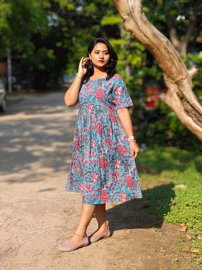 Cotton Floral Printed Flared Midi Dress for Women – Sizes S to 3XL