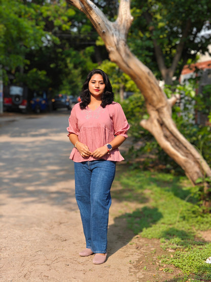 Pink Cotton Embroidered Fit and Flare Top for Women – Sizes S to 3XL
