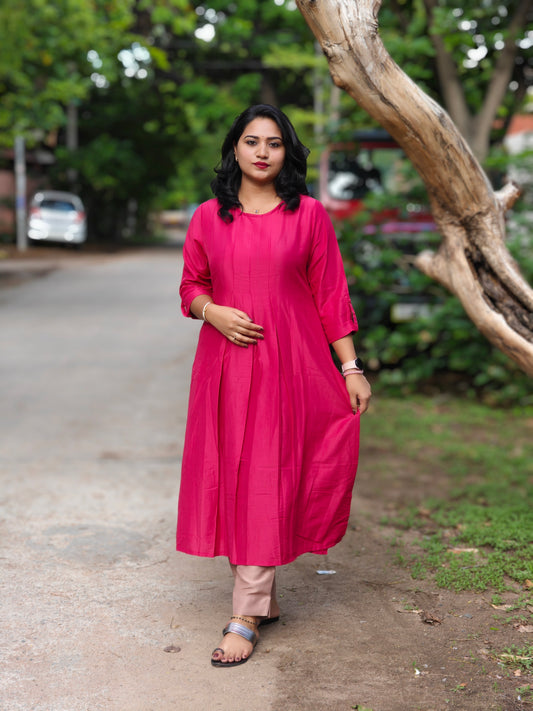 Pink Chinnon Solid Pleated Kurta with Pant Set for Women