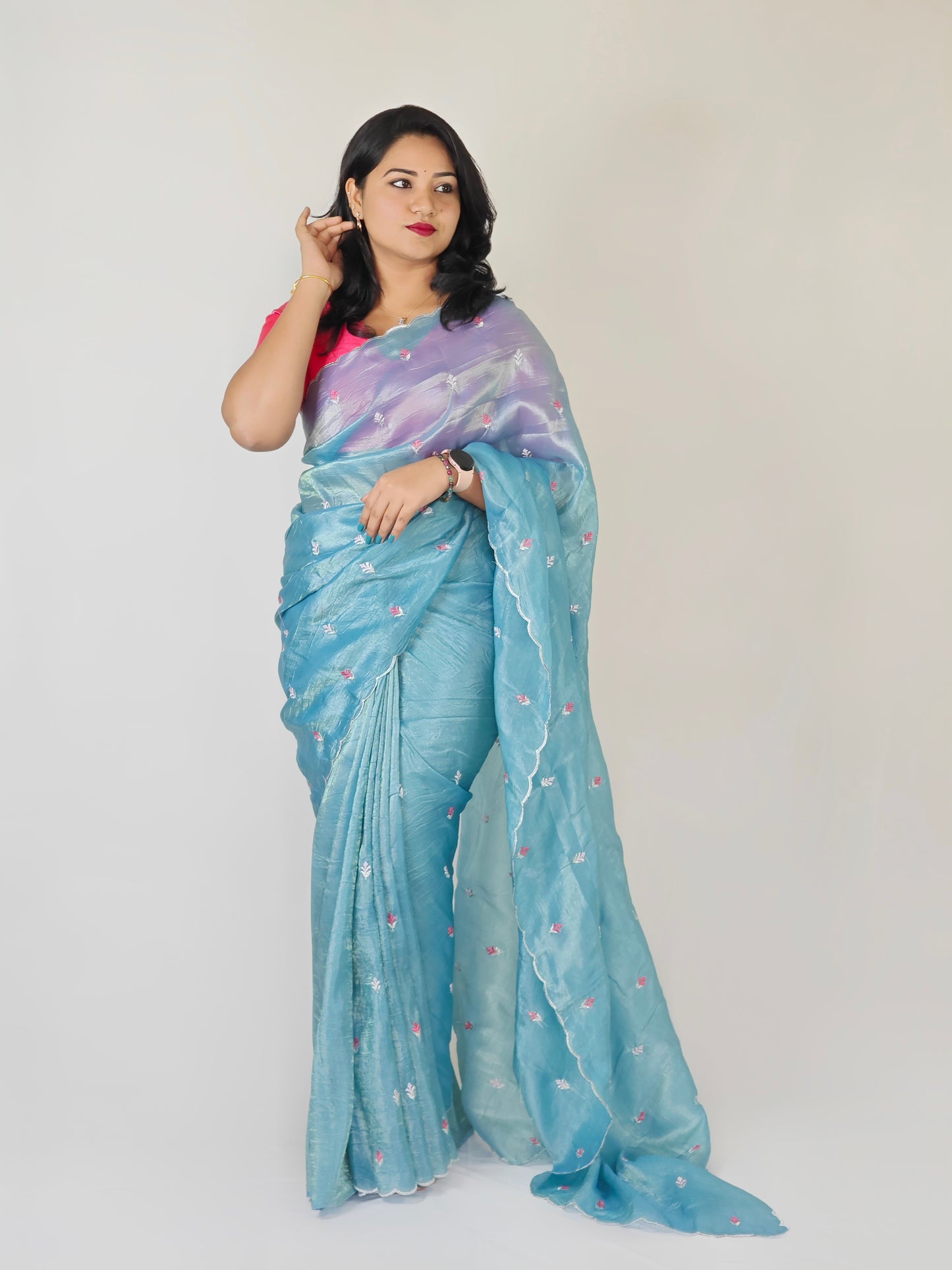 Crush Tissue Saree with Multi-Embroidery Work and Running Blouse for Women