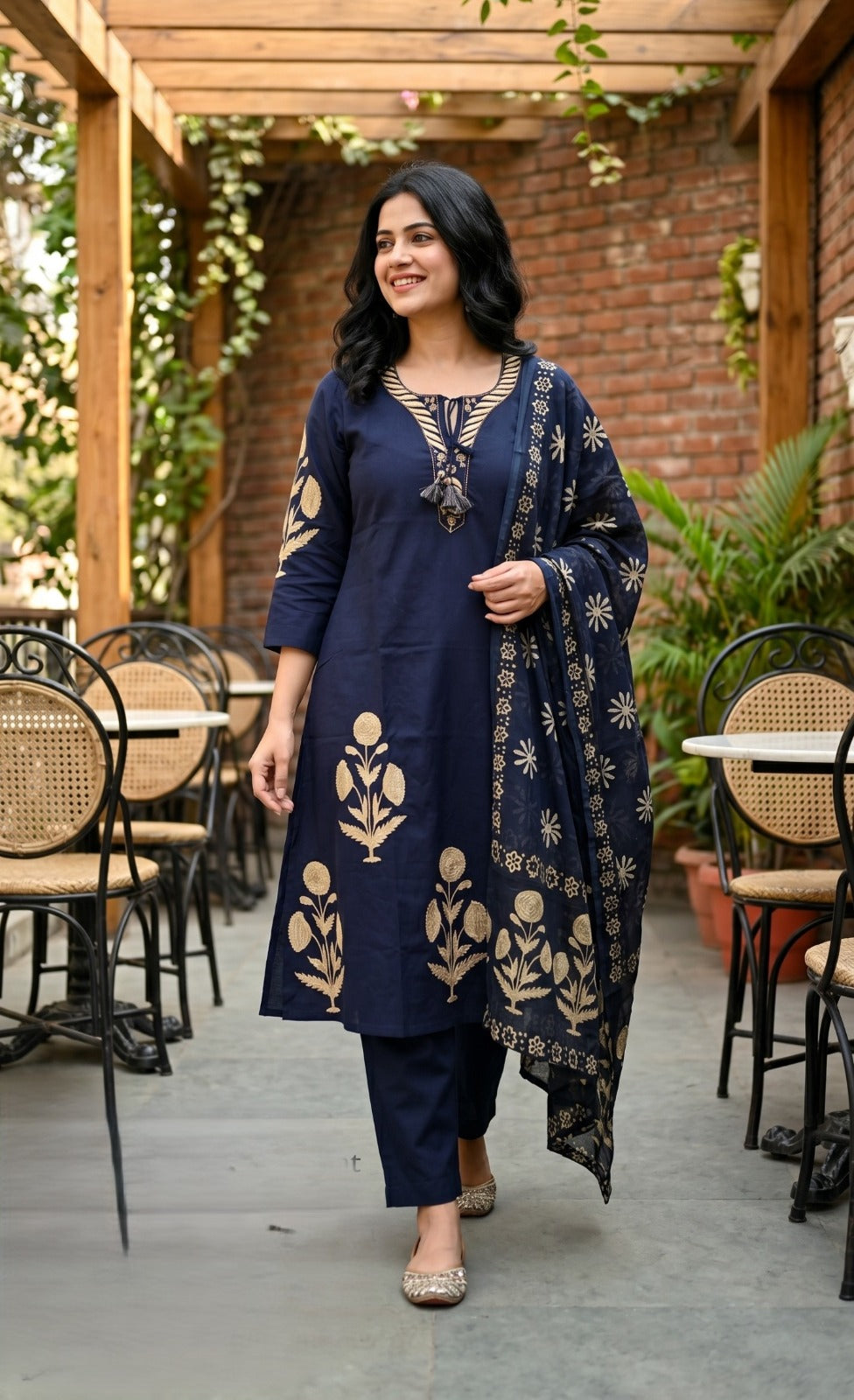 Printed Cotton A-Line Kurta Pant Dupatta Set for Women with Tassel Detailing, Machine Embroidery and Kantha Work