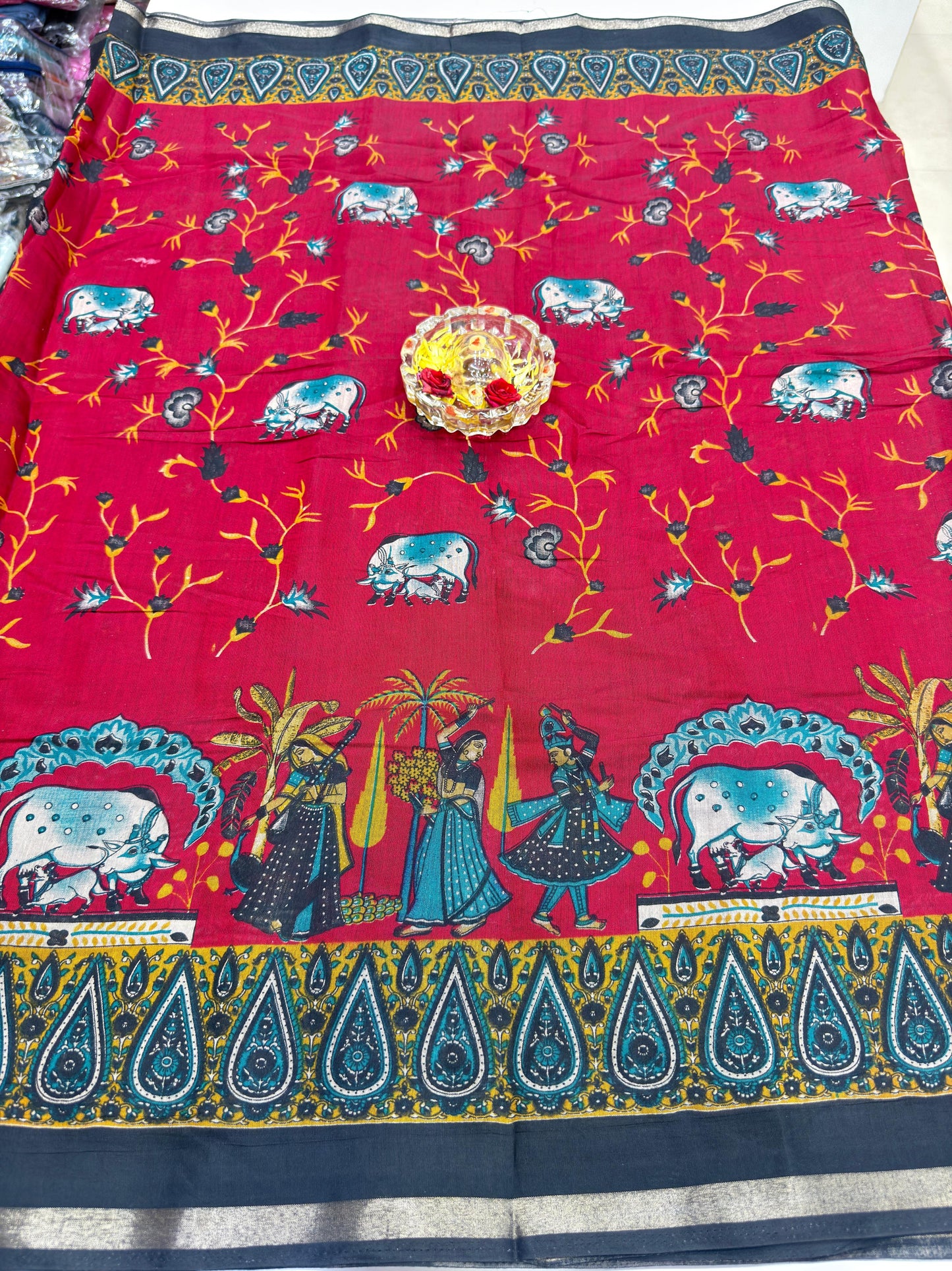 Kalamkari Printed Silk Blend Saree for Women with Artistic Border and Traditional Ethnic Design