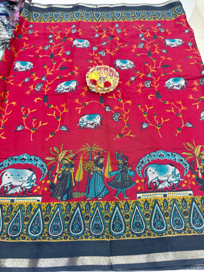 Kalamkari Printed Silk Blend Saree for Women with Artistic Border and Traditional Ethnic Design