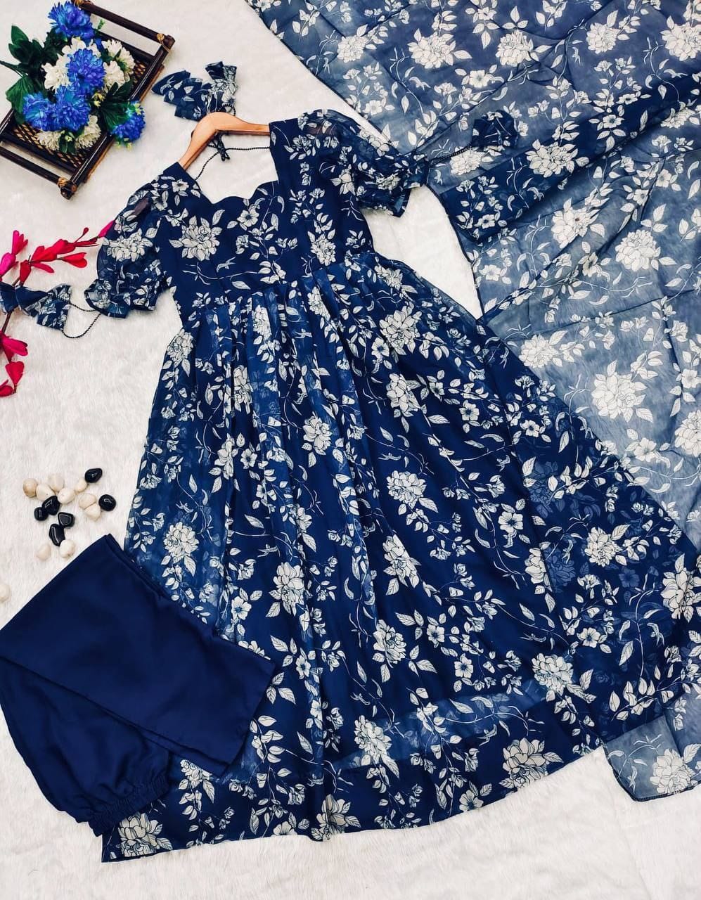 Pea Blue Organza Suit Set with Flared Kurta, Pants and Dupatta – Women’s Festive Wear