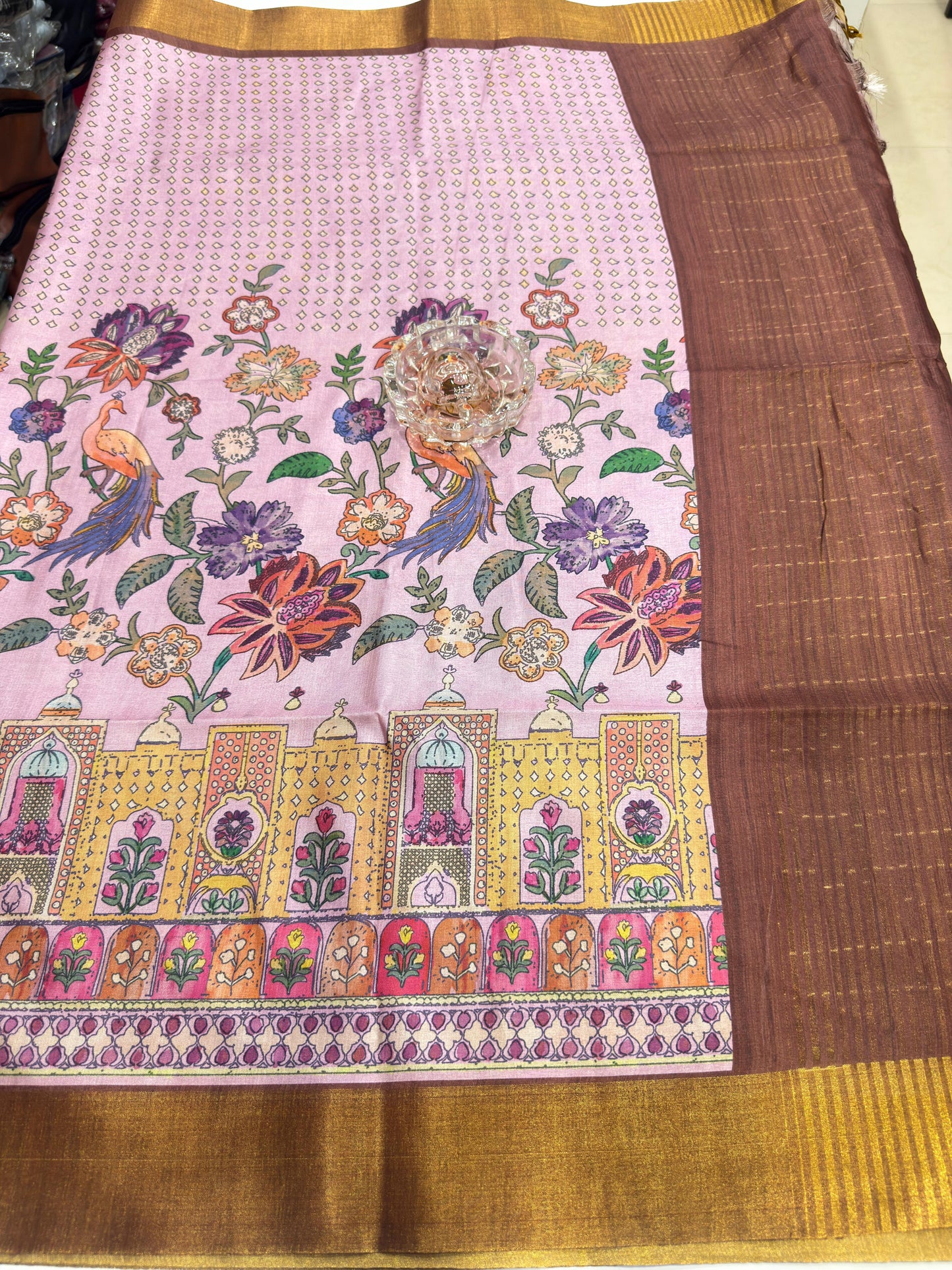 Soft Tussar Silk Printed Saree with Contrast Border, Tassels and Blouse for Women