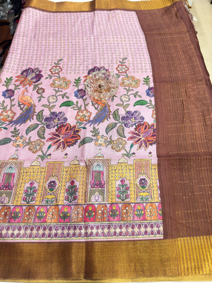 Soft Tussar Silk Printed Saree with Contrast Border, Tassels and Blouse for Women