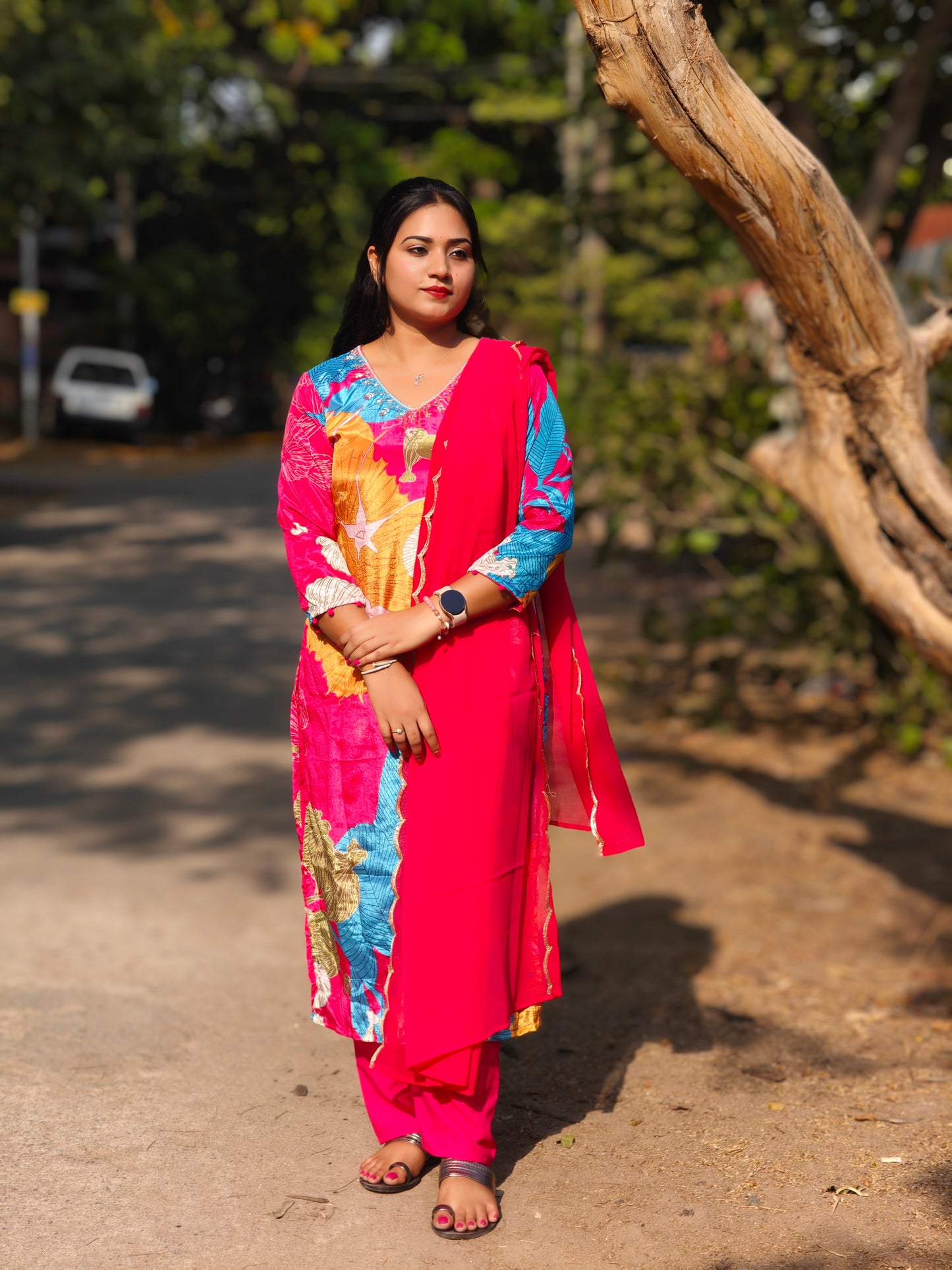 Pink Chinnon Alia Cut Kurta with Pant and Dupatta – Women’s Festive Suit Set (M to 2XL)