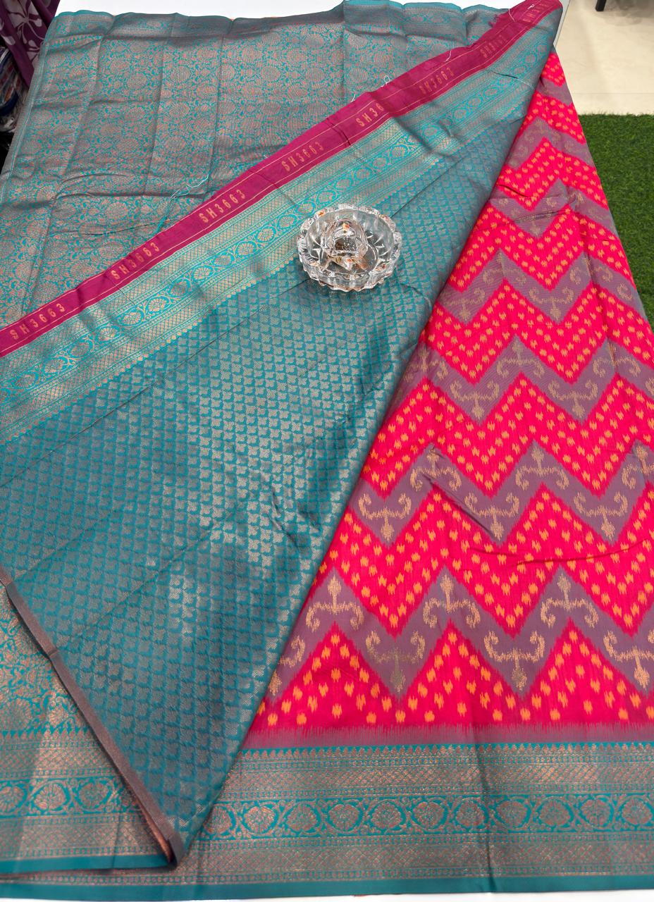 Soft Silk Ikkat Pochampally Saree with Traditional Woven Border and Blouse Piece for Women
