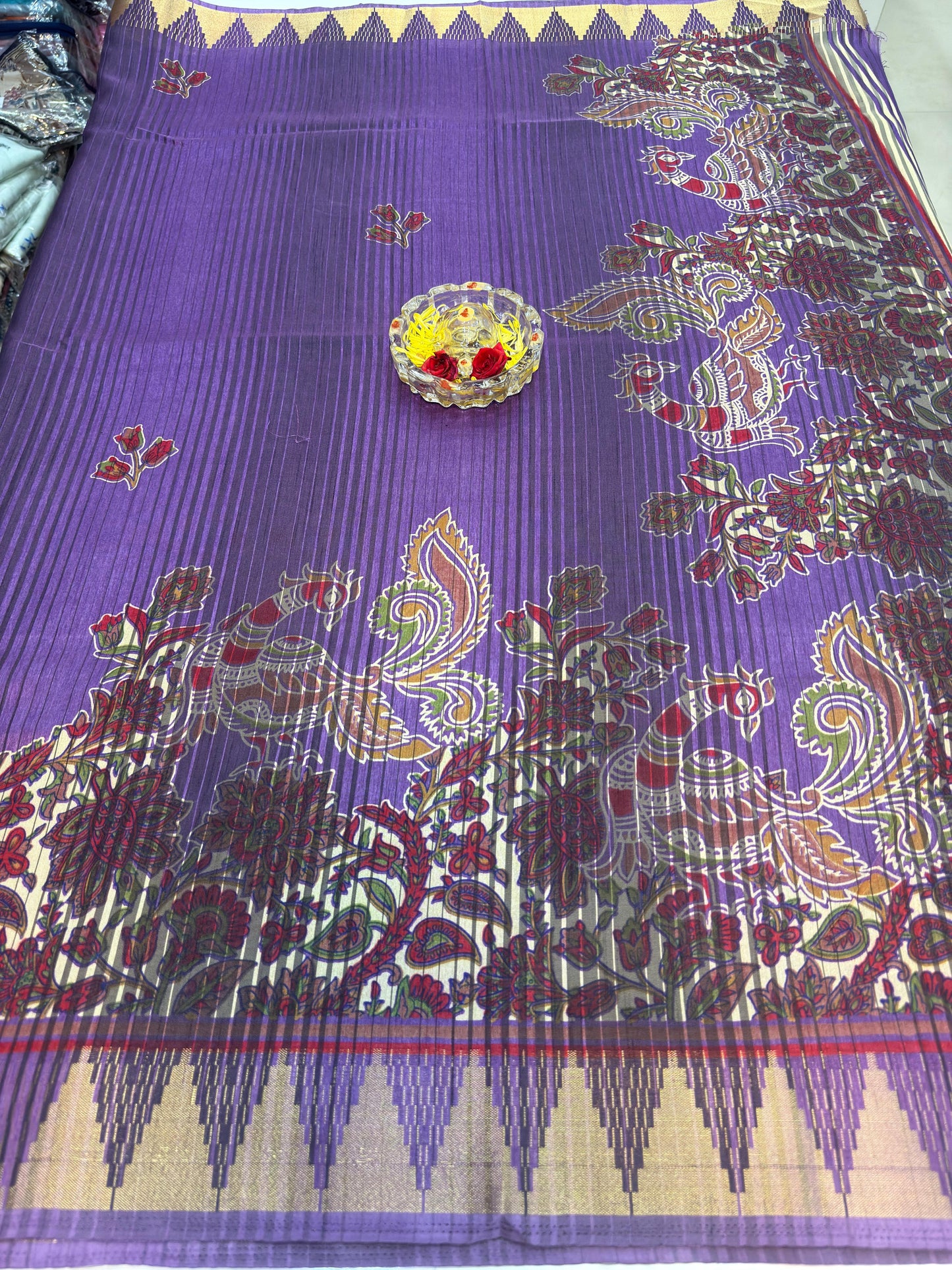 Printed Silk Blend Saree for Women with Temple Border and Traditional Ethnic Design