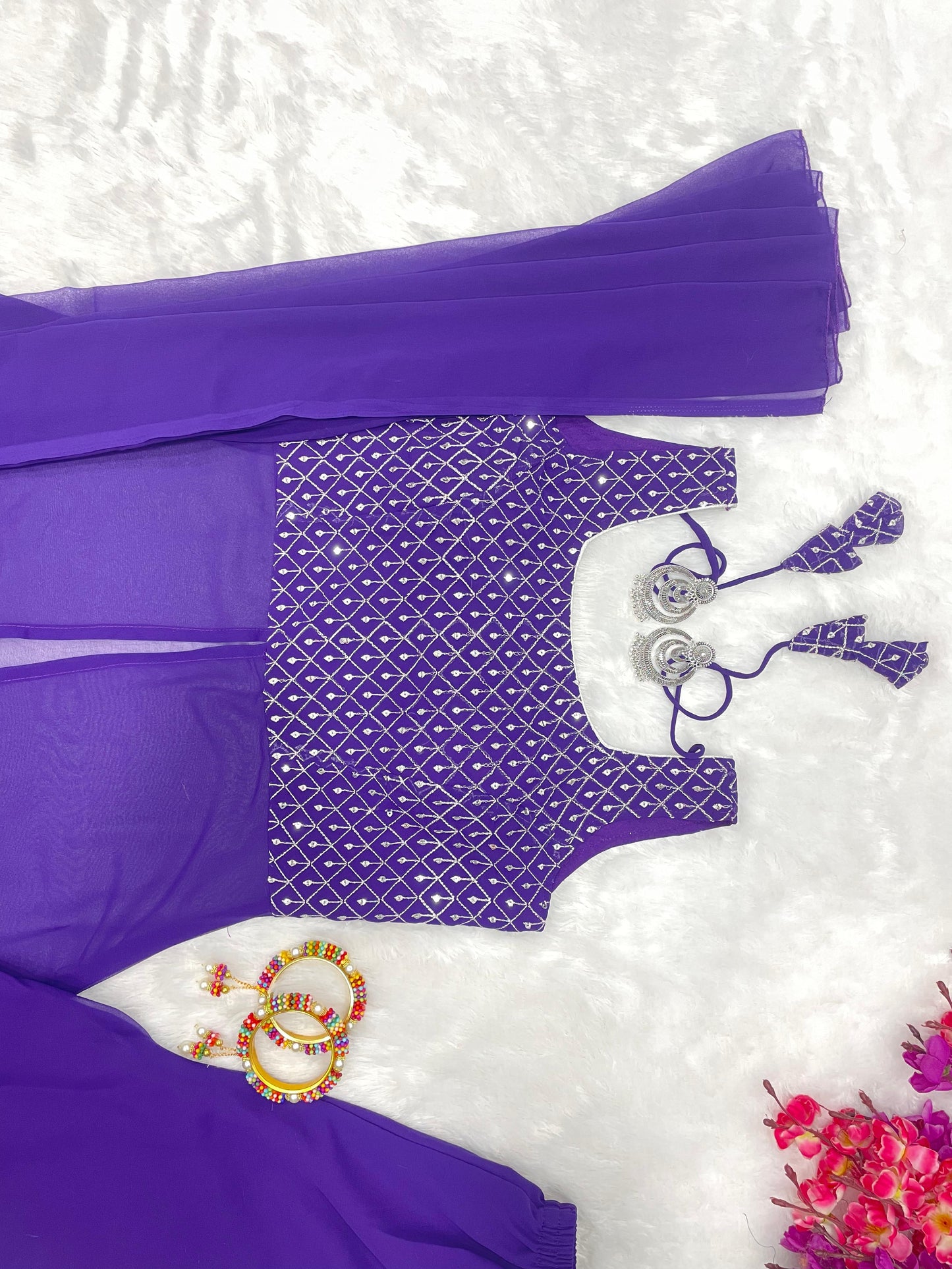 Faux Georgette Embroidered Kurta with Sharara and Dupatta – Premium 3-Piece Set (S–XXL)