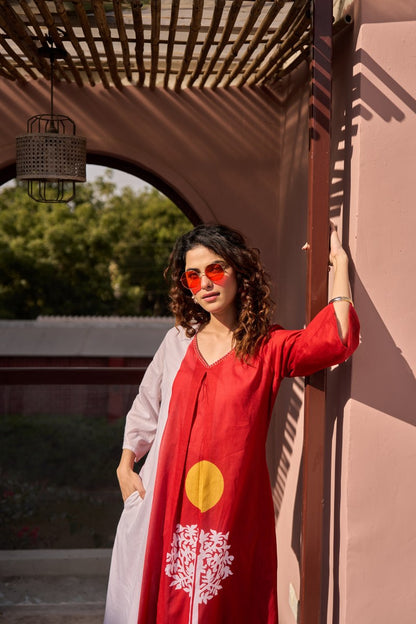 Cotton Flex Kurti Pant Set for Women, Red Printed Straight Kurti with Pant, M to XXL