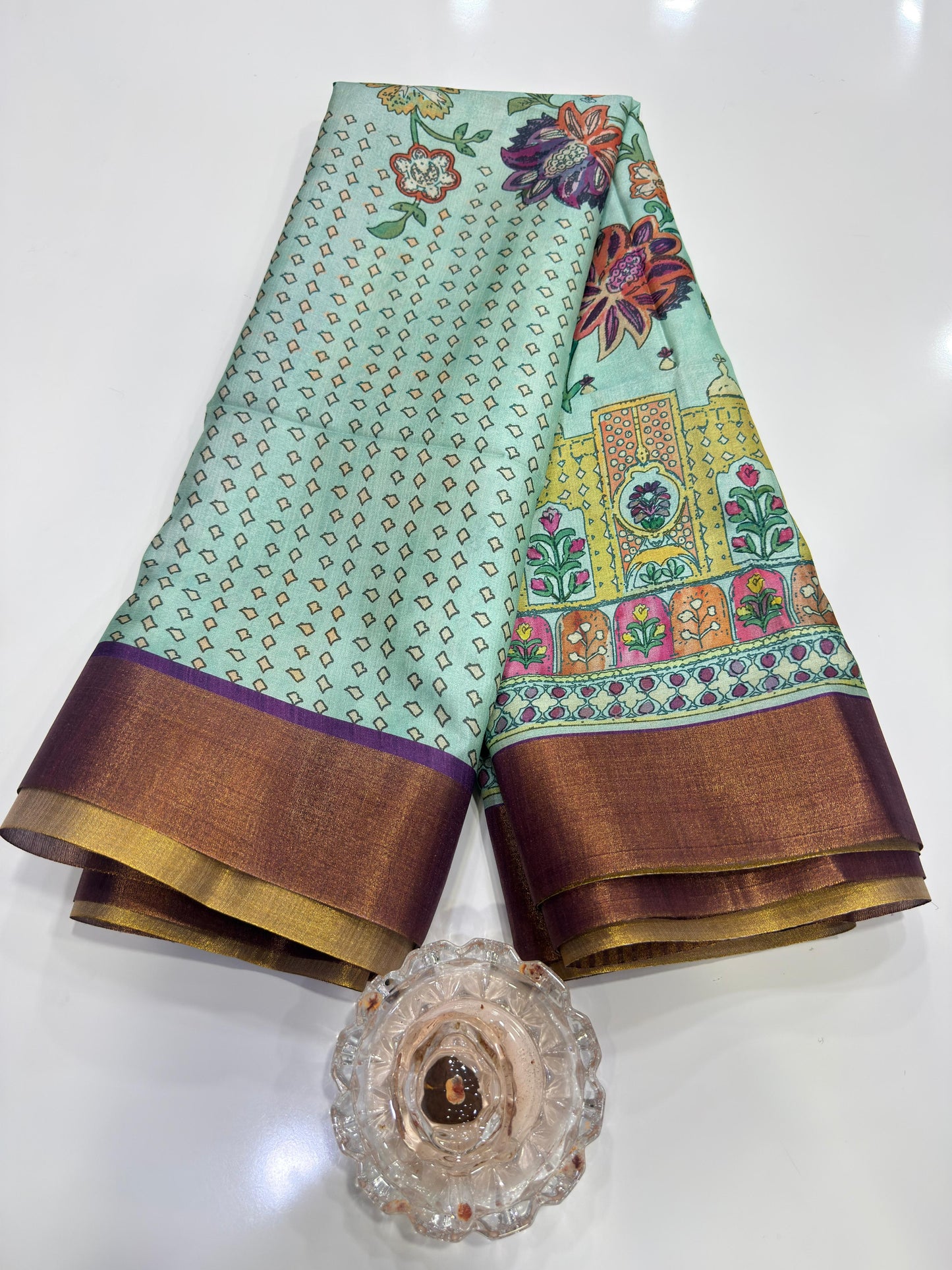 Soft Tussar Silk Printed Saree with Contrast Border, Tassels and Blouse for Women