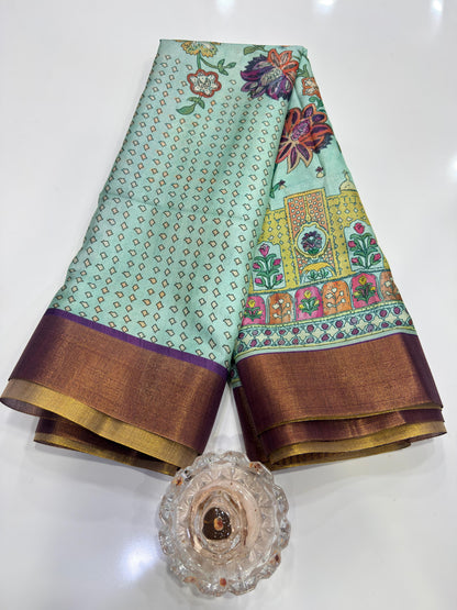 Soft Tussar Silk Printed Saree with Contrast Border, Tassels and Blouse for Women