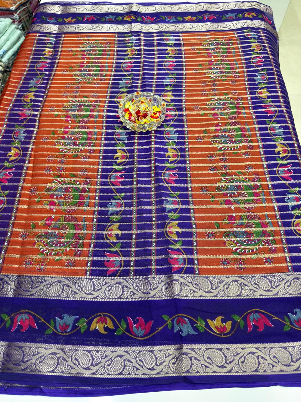 Munga Crape Silk Saree for Women with Contrast Woven Border and Traditional Stripe Design
