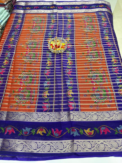 Munga Crape Silk Saree for Women with Contrast Woven Border and Traditional Stripe Design