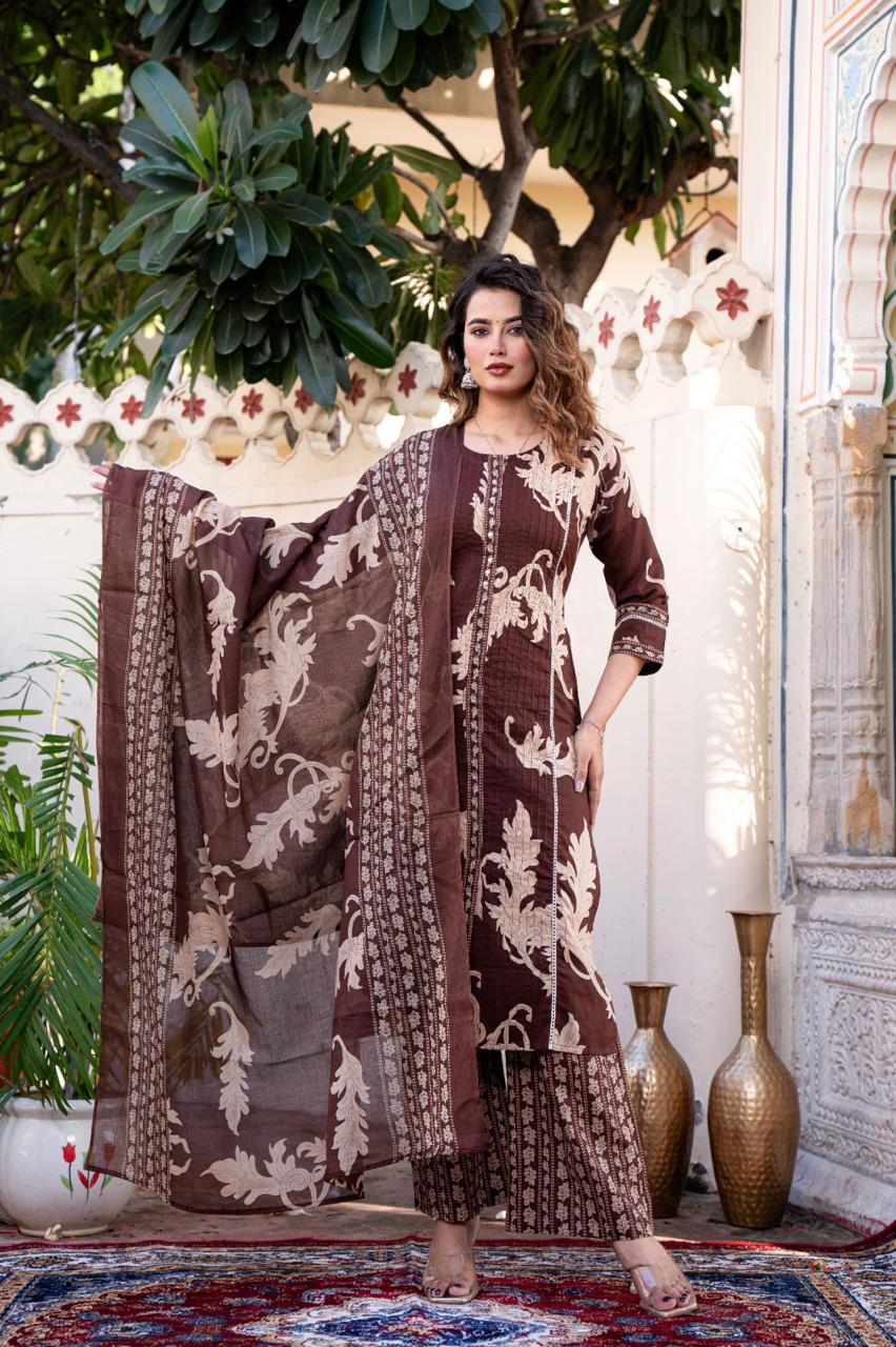 Women’s brown cotton 60x60 straight kurta palazzo set with printed dupatta, M–3XL