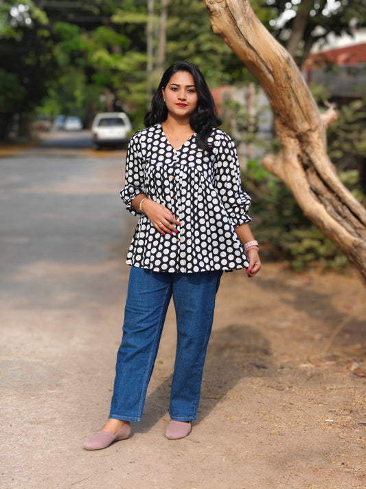 Black and White Polka Dot Flared Top for Women – Sizes L to 3XL