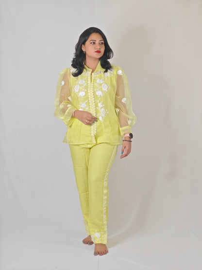 White Thread Embroidered Organza Kurta with Rayon Pant Set for Women