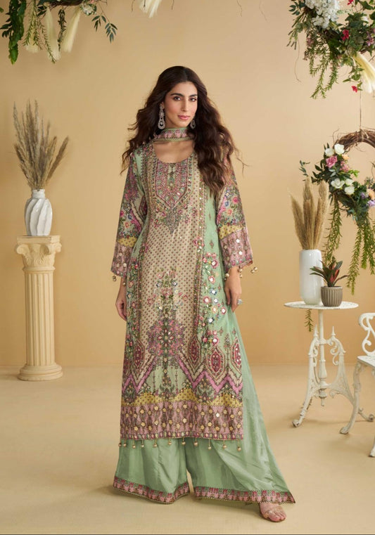 Natural Crepe Silk Kurti Plazzo Dupatta Set with Hand Aari and Gota Patti Work