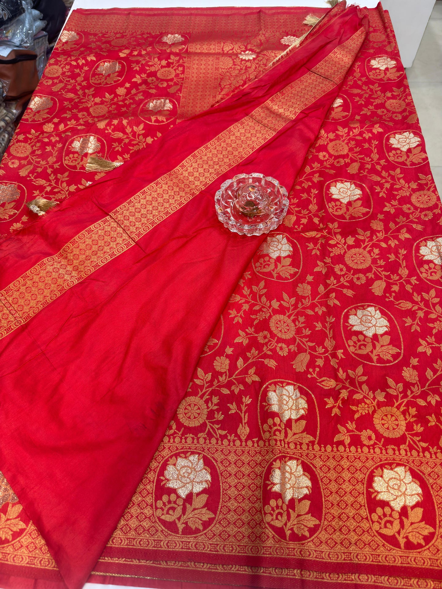 Soft Dola Silk Meenakari Woven Saree with Rich Pallu, Zari Floral Border and Tassels for Women