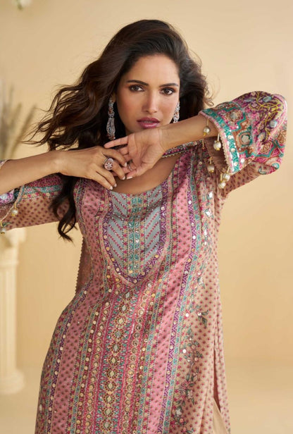 Natural Crepe Silk Kurti Plazzo Dupatta Set with Hand Aari and Gota Patti Work