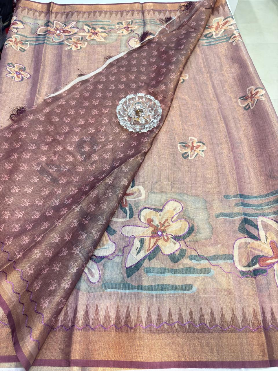 Erode Cotton Printed Saree with Aari Work and Tassel Pallu with Blouse Piece for Women
