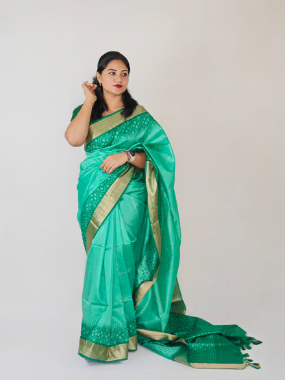 Semi Raw Silk Saree with Body Buti Design, Rich Woven Border and Contrast Blouse for Women
