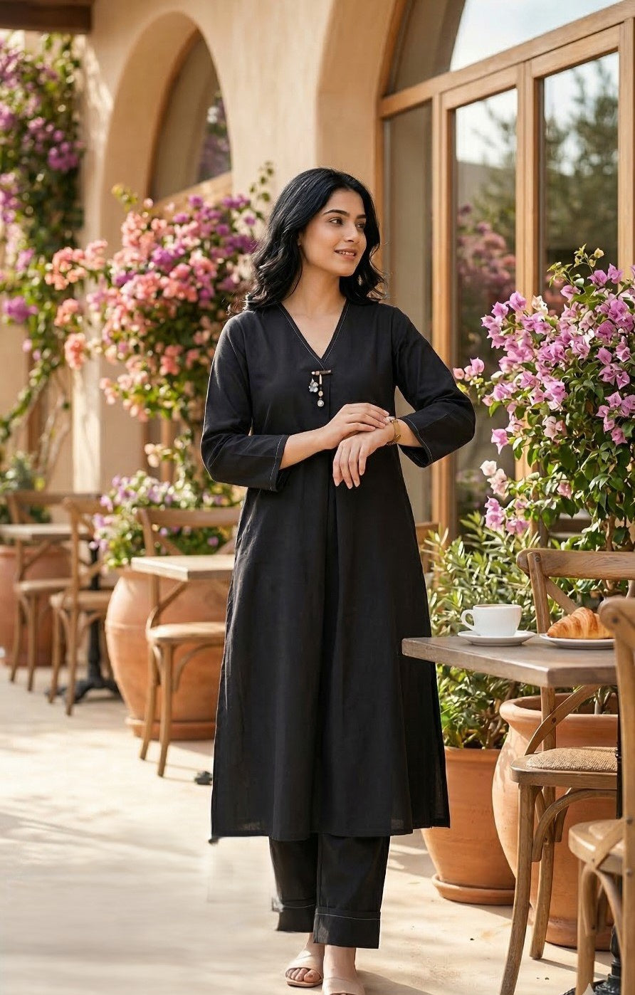 Cotton Kurta Pant Set for Women with V-Neck Long Kurta and Straight Pant Co-Ord Set
