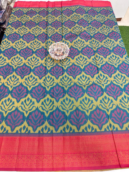 Soft Silk Ikkat Pochampally Saree with Traditional Woven Border and Blouse Piece for Women