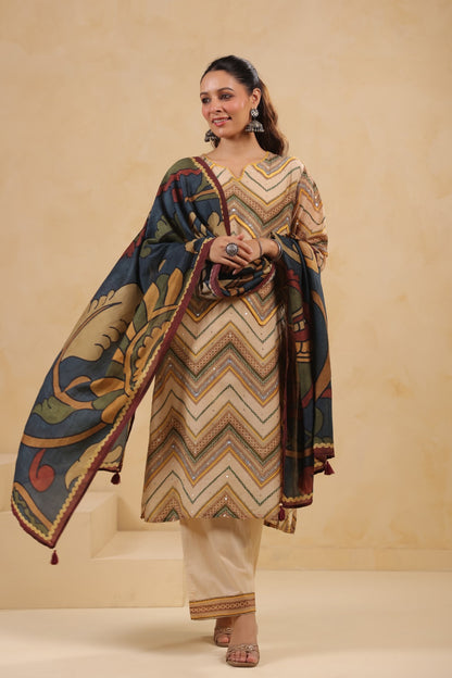 Mul Chanderi Kurti Pant Dupatta Set with Dori and Sequin Handwork for Women