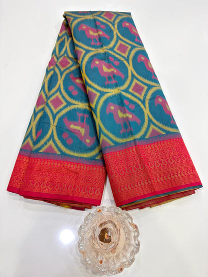 Soft Silk Ikkat Pochampally Saree with Traditional Woven Border and Blouse Piece for Women