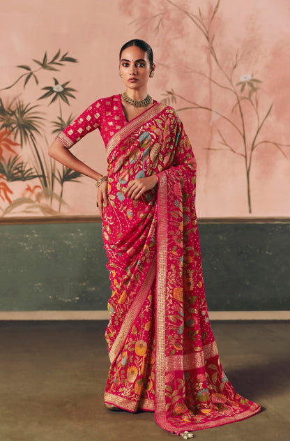 Pure Kaddi Georgette Zari Weaving Saree in Deep Pink with Paisley and Floral Motifs – Premium Festive & Wedding Wear Saree for Women