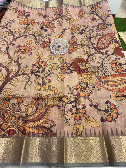 Pashmina Silk Kashmiri Printed Saree for Women Kalamkari Bird Floral Design with Zari Border Ethnic Saree