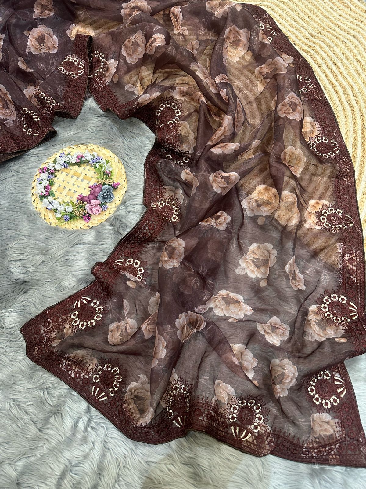 Organza Silk Saree with Digital Print and Viscos Thread Work – Banglori Silk Blouse Included