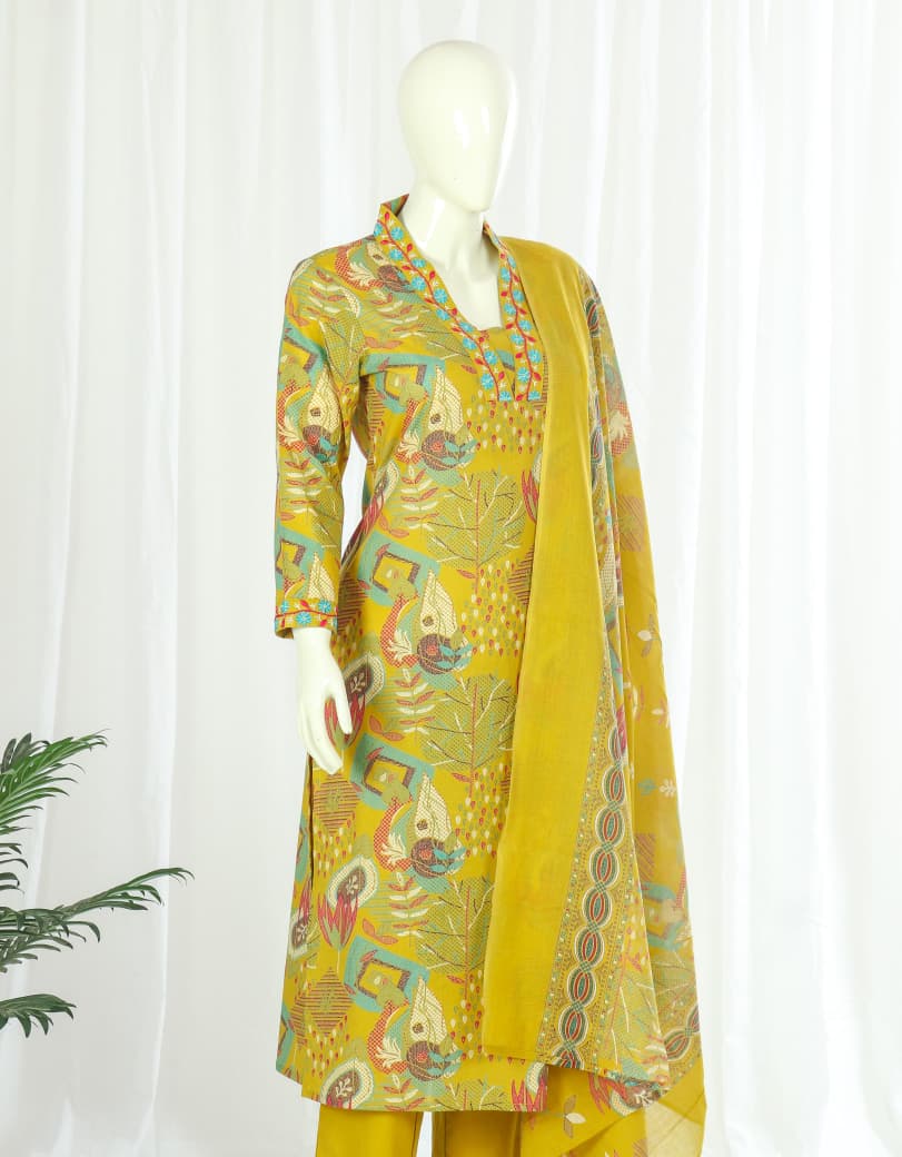 Cotton Kurti Pant Dupatta Set with Embroidered Neckline and Malmal Dupatta for Women