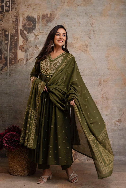 Women’s cotton 60x60 kurta pant dupatta set olive green, yoke motif print, three piece suit set, sizes M-3XL