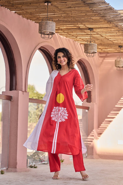 Cotton Flex Kurti Pant Set for Women, Red Printed Straight Kurti with Pant, M to XXL