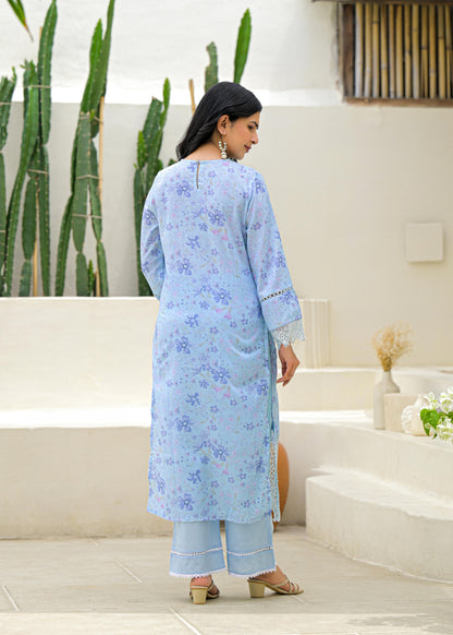 Women’s Pastel Blue Cotton Suit Set with White Lace Embroidery and Dupatta – Sizes M to 3XL