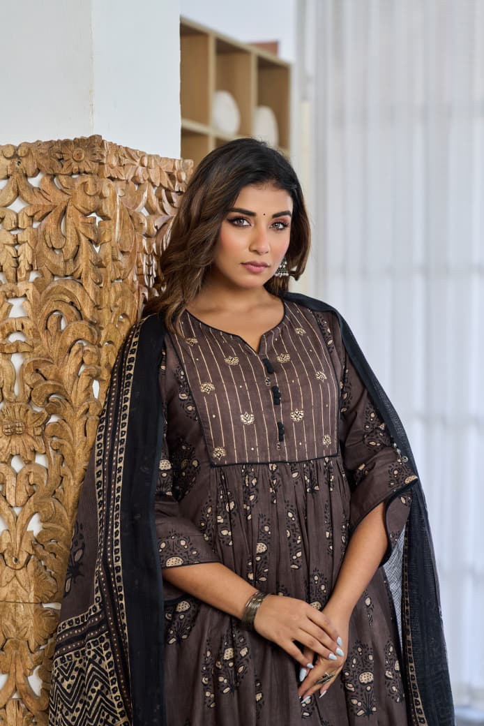 Cotton Kurti Pant Dupatta Set for Women with Kota Doria Dupatta, Printed Ethnic Wear Set