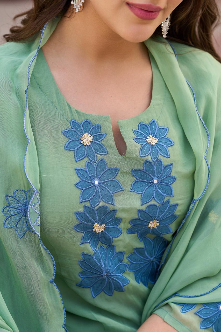 Organza Kurta Pant Dupatta Set for Women with Floral Applique Work and Embroidered Detailing