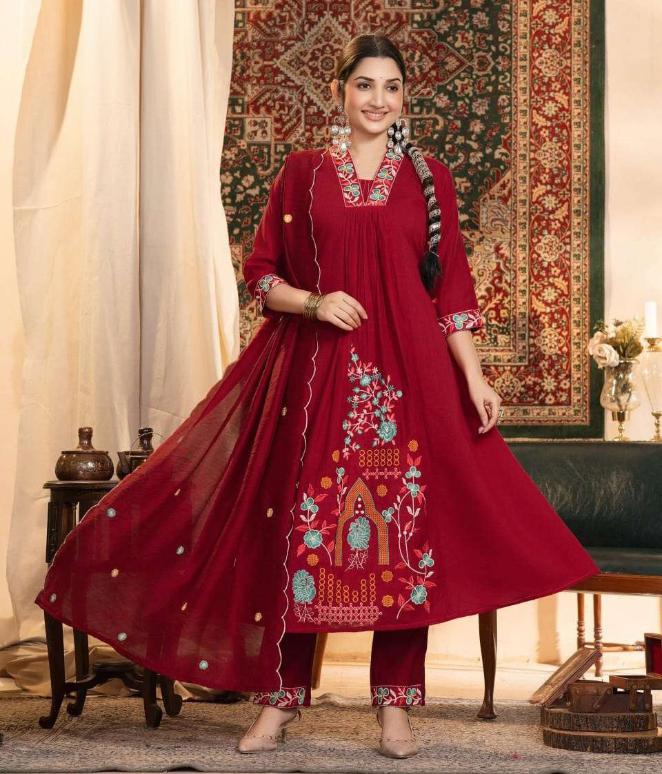 Mul Chanderi anarkali kurta set with cotton lining, Roman bottom and Chanderi dupatta, women’s festive 3 piece set XL–3XL