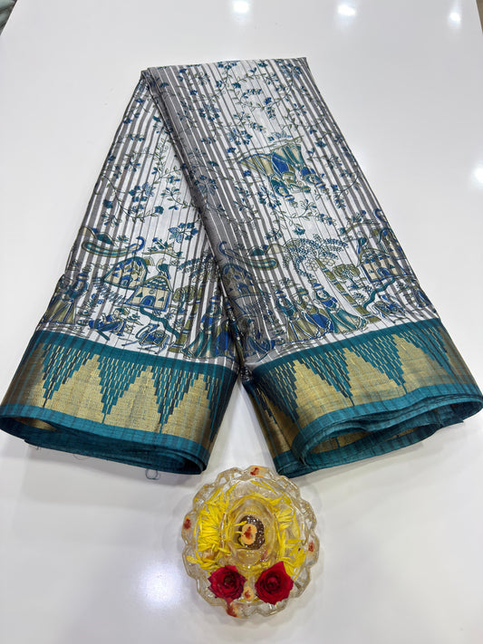 Printed Silk Blend Saree for Women with Temple Border and Traditional Ethnic Design