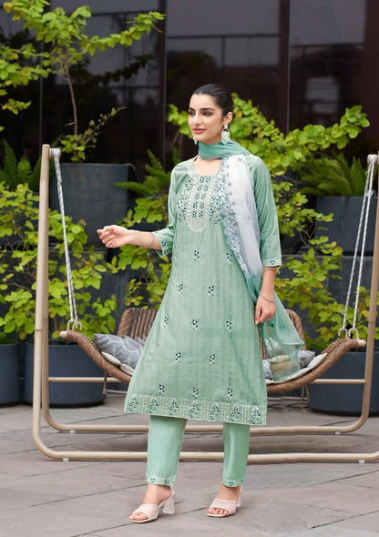 Plus size straight cut vatican dobby kurta pant set with embroidered organza dupatta, 3 piece suit for women, 2XL-3XL