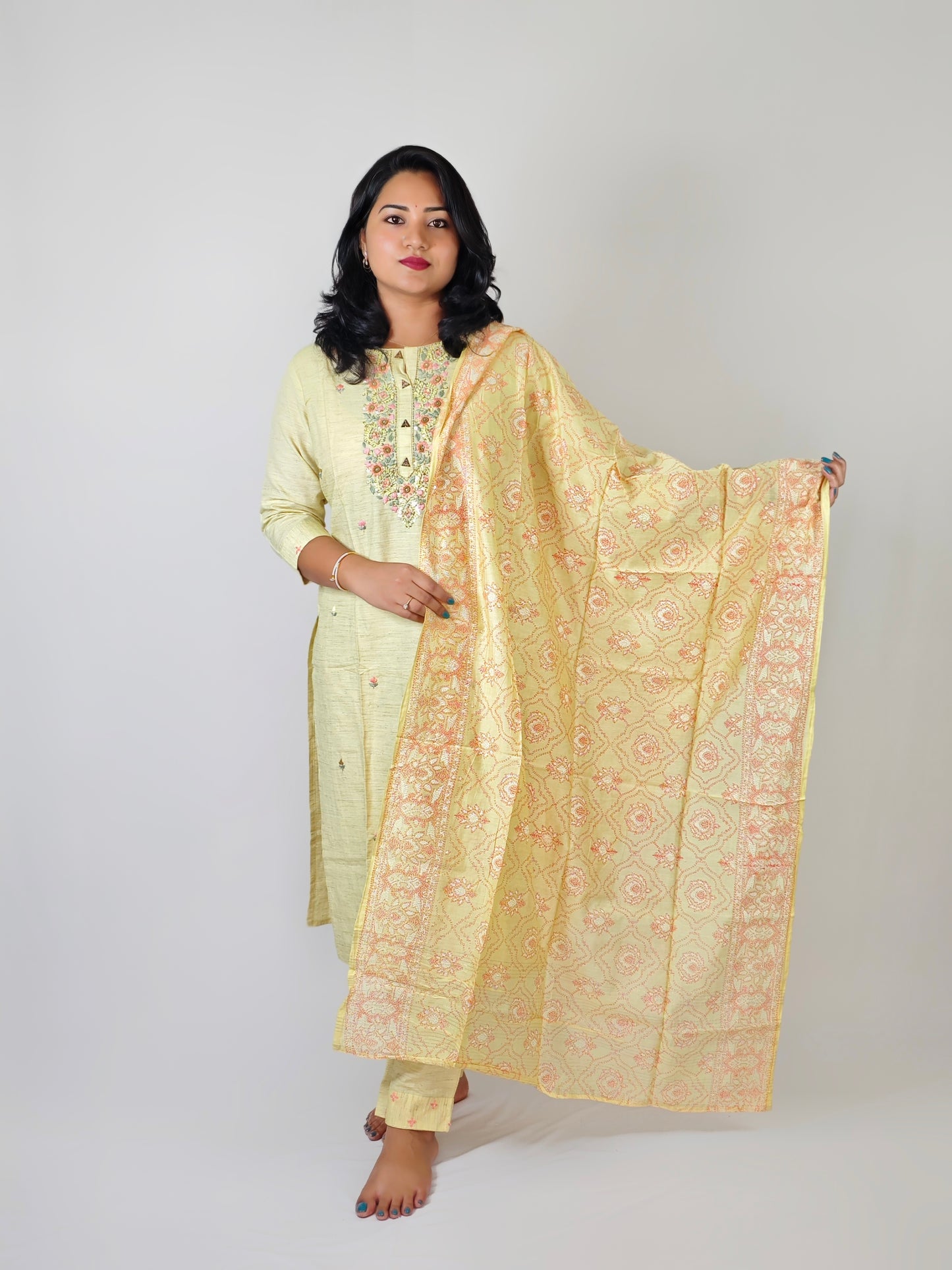 Cotton Flex Kurta Pant Dupatta Set with Handwork and Screen Print Dupatta – Women’s M to 3XL