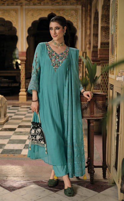 Women’s mul chanderi viscose kurta pant dupatta set with designer kantha work and handwork, muslin bottom, XL-3XL