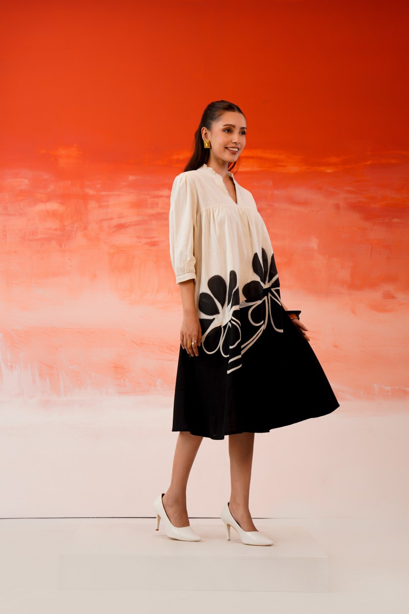 Cotton Flex Midi Dress for Women, Black and White Color Block A-Line Midi Dress, M to XXL