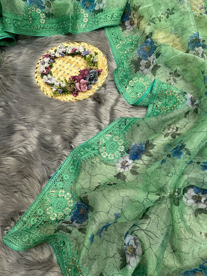 Organza Silk Saree with Digital Print and Viscos Thread Work – Banglori Silk Blouse Included